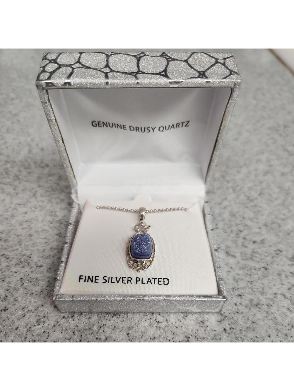 Silver Plate Sajen Oval Purple/Navy Amethyst Druzy Stone Pendant Signed IN